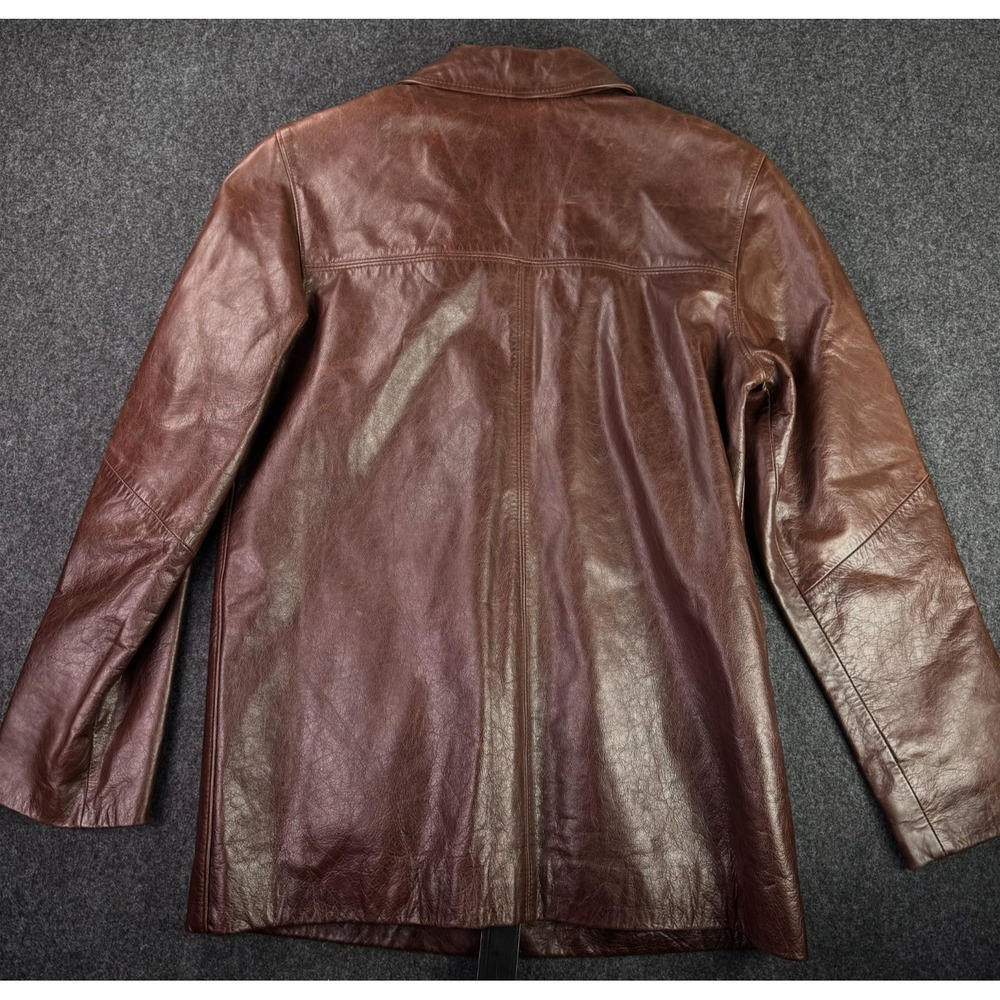 Vintage Eddie Bauer Leather Outer Jacket Womens Size XS Brown 4 Button Yoke Coat - Picture 2 of 10